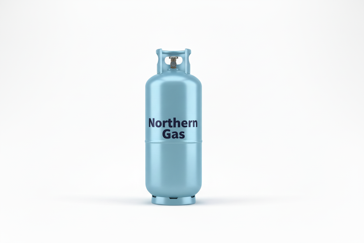 Northern Gas 9kg gas bottle in grey/silver with blue branding